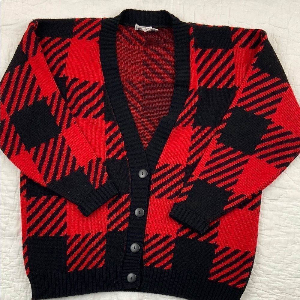 Vintage Cabin Creek Red and Black Checkered Cardigan Sweater size Medium